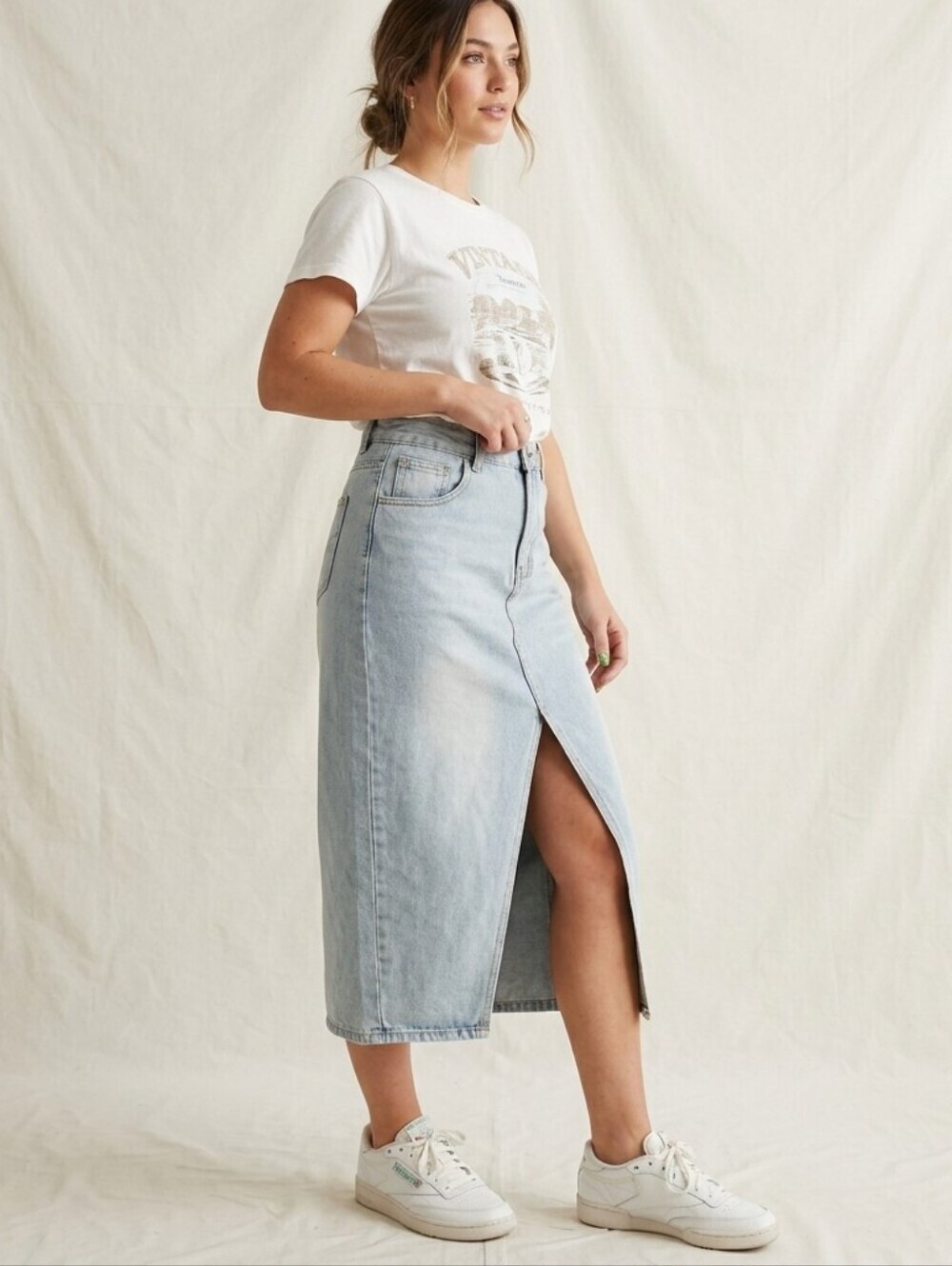 Nova Blue Denim Midi Skirt Light Wash Pre-owned Excellent Waist 30